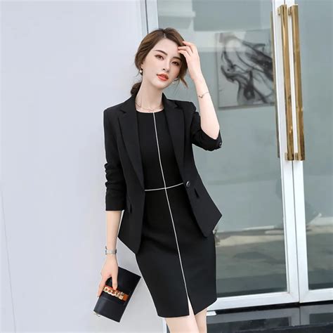 New 2018 Formal Female Womens Black Blazer Dress Jacket Suits Office Ladies Dresses Two Piece