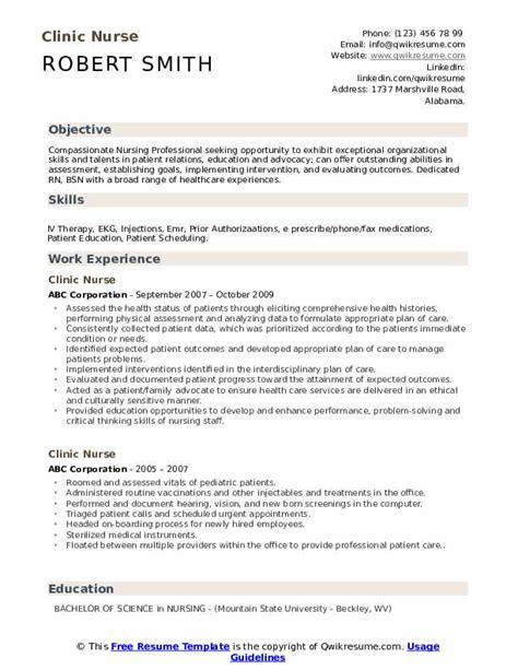 In this page are the collection of various. Clinic Nurse Resume Samples | QwikResume