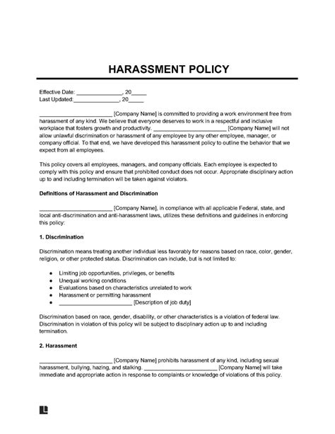 Free Harassment Policy Template PDF Word