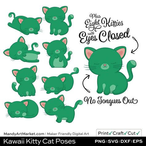 Jade Green Kawaii Kitty Cat Poses Clipart Pngs Included In Download