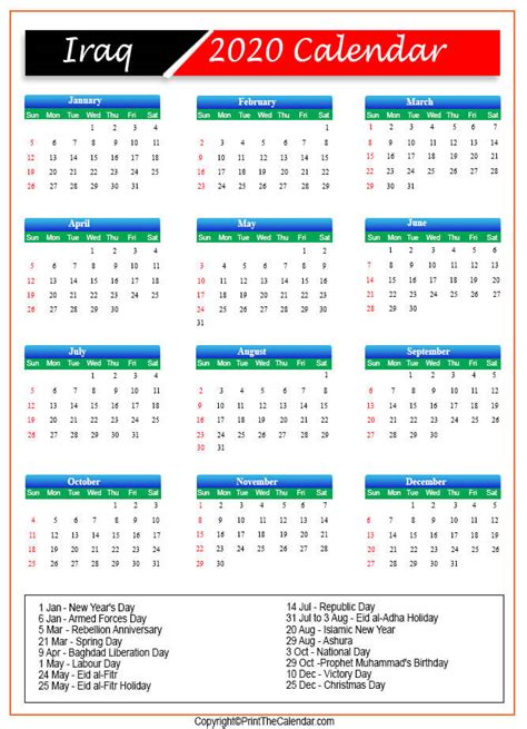 2020 Holiday Calendar Iraq Iraq 2020 Holidays