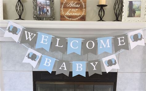 Welcome Baby Banner Elephant Banner Baby Shower Banner Blue Etsy