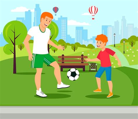 Vector Plano Papá Enseña Juegos Fútbol Con Hijo Vector Premium