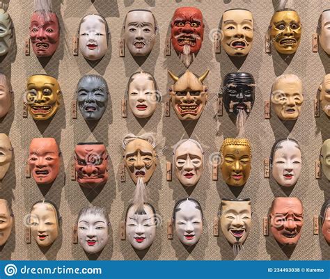 Japanese Noh Theater Masks Depicting Faces Expressions Exhibited In The