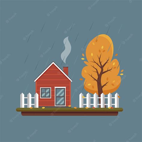Premium Vector Autumn Landscape Red House Fence And Tree With