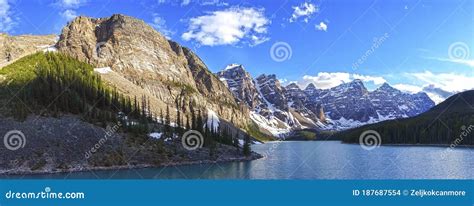 Moraine Lake Scenic Panoramic Wide Landscape Blue Water Mountain Peaks