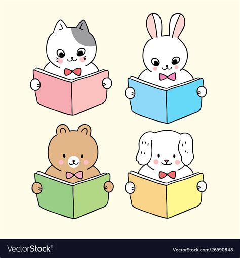 Cartoon Cute Back To School Animals Reading Book Vector Image