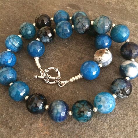 Chunky Blue Agate Beaded Gemstone Necklace Sterling Silver Semi