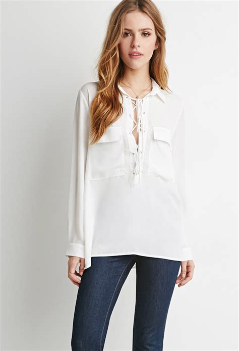 Forever 21 Lace Up Pocket Blouse In White Lyst