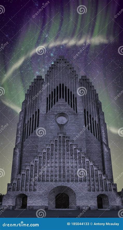 Copenhagen Grundtvigs Church With Northern Lights Stock Image Image