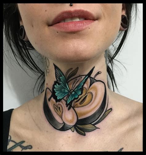 Nowadays tattoos with an image of butterflies are very popular because they emphasize personality, unique style, femininity and emotional state of harmony of their owners. apple, butterfly, neck tattoo, tattoo for woman (With ...