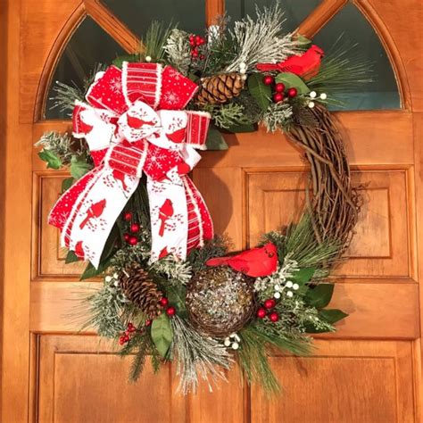 Winter Cardinal Wreath For Front Door With Evergreens And Pine Cones
