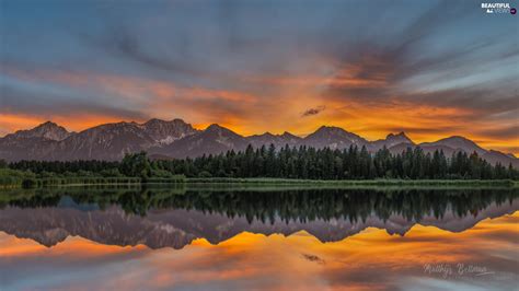 Trees Lake Clouds Mountains Great Sunsets Viewes Reflection