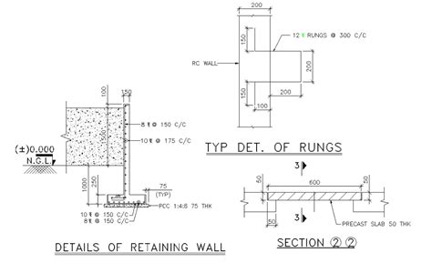 Detail Of The Retaining Wall Drawing Provided In This Autocad File