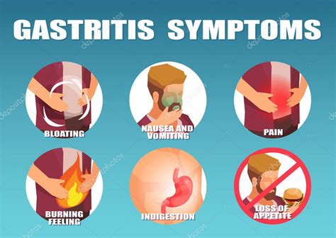 Infografía vectorial de un hombre con síntomas de gastritis vómitos náuseas dolor abdominal