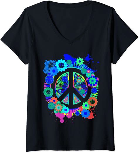Womens Peace Sign Bright Colorful Flowers 70s Retro Hippie T V Neck