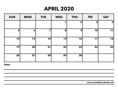 Calendar April 2020 A Printable Calendar