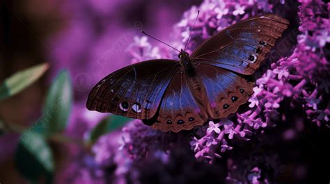 Large Butterfly Resting On Purple Flowers Background Giant Purple