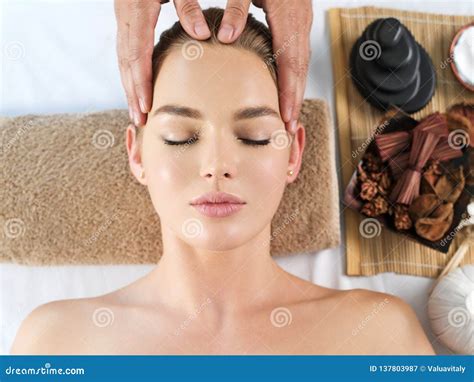 Masseur Doing Massage The Head Stock Image Image Of Therapy Girl 137803987