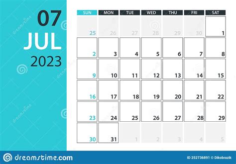 July 2023 Calendar Planner Vector Template Mock Up Stock Vector