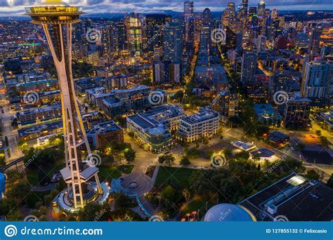 Aerial Image Seattle Space Needle At Night Editorial Photography