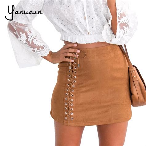 yanueun 2017 autumn winter women s high waist slim suede skirts lace up front zippers back solid