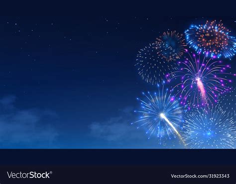 Fireworks Bursts In Starry Night Sky Royalty Free Vector