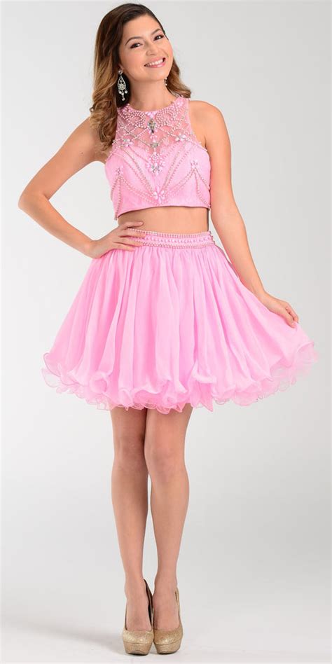 Poly Usa 7416 Short 2 Piece Prom Dress Pink Chiffon Skirt