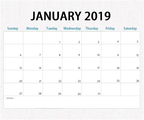 January 2019 Monthly Calendar Template