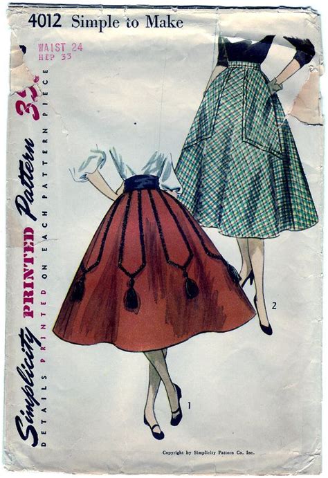 Vintage 1952 Simplicity 4012 Sewing Pattern Misses Skirt And