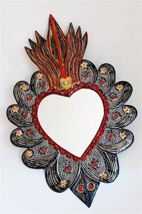 Sacred Heart Tin Metal Mirror Mexican Folk Art Hammered Tin Mixed