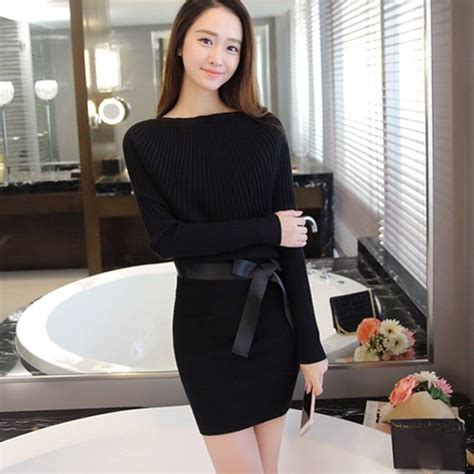 Korean Women Sexy Slim Hip Bodycon Dress Sashes Oversize Batwing Sleeve Midi Dress Spring Winter