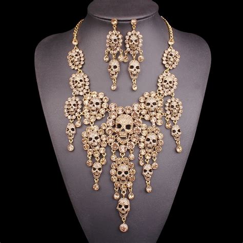 Rhinestones Skeleton Necklace Earrings Sets Vintage Big Skull Jewelry