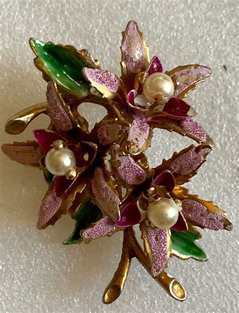 Vintage Enamel Floral Brooch Lavender Flowers With Pearl Centers