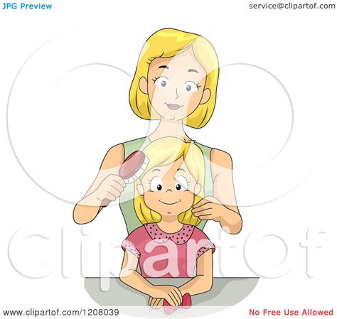 Cartoon Of A Blond Caucasian Mother Brushing Her Daughters Hair