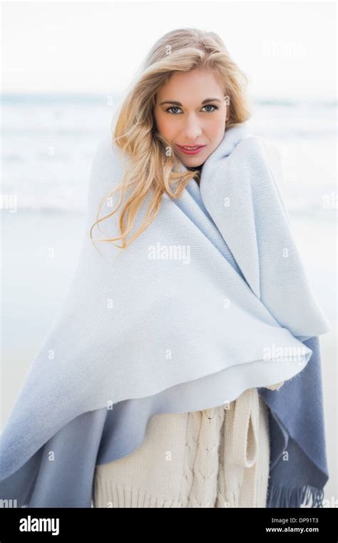 Fashion Blonde Woman Covering Herself In A Blanket Stock Photo Alamy