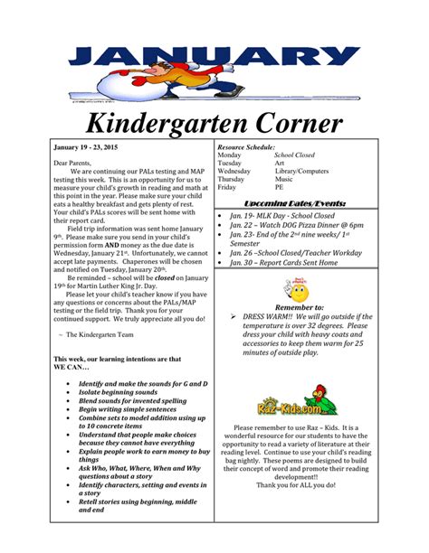 Sample Kindergarten Newsletter In Word And Pdf Formats