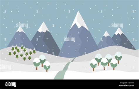Cartoon Snowy Winter Mountain Landscape With Snow And Coniferous And