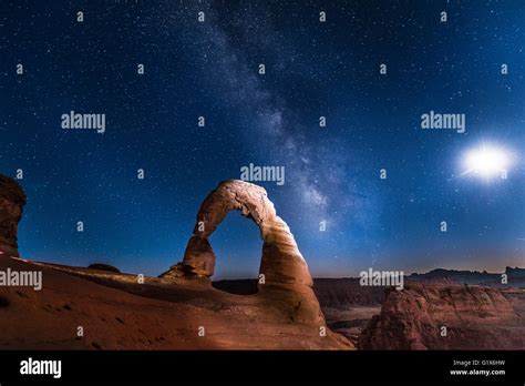 Natural Arch Delicate Arch With Milky Way At Night Arches National