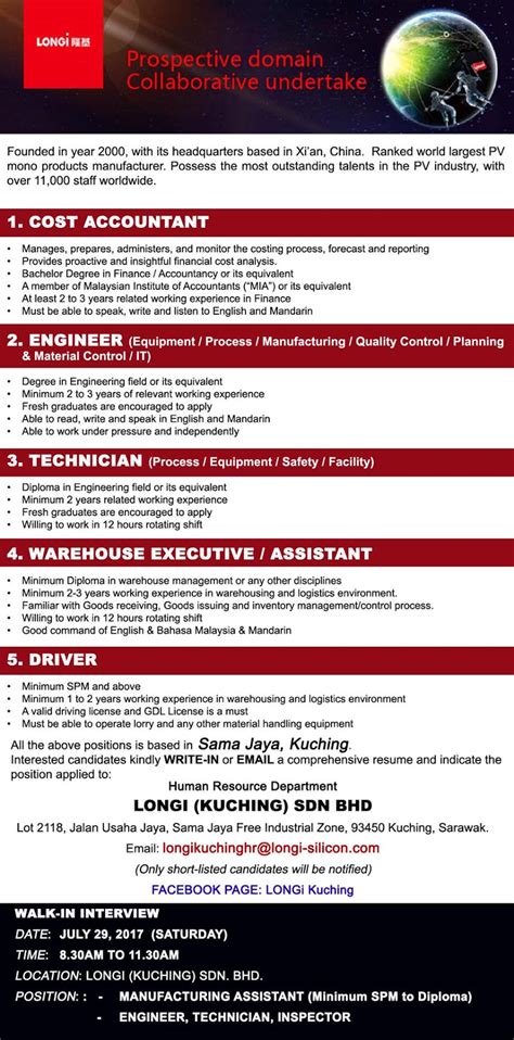 U skladu s tim, trebalo bi dodati longi (kuching) sdn.bhd na popis pojedinačno navedenih društava u članku 1. Oil &Gas Vacancies: Walk In Interview - Longi - Kuching