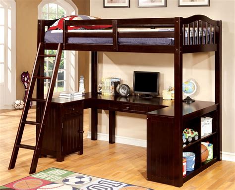 Twin size low loft bed with desk, chest and bookcase in pecan color, solid wood construction. Colony Twin Loft Bed with Drawers and Bookcase | Bunk bed ...