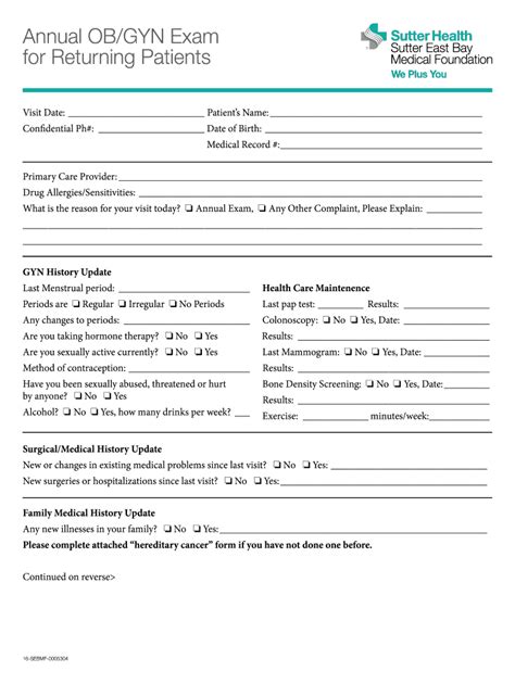 Annual Obgyn Exam For Returning Patients Gyn History Update Form