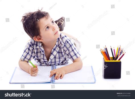 Schoolboy Drawing Colored Pencils Isolated On Stock Photo 201414368