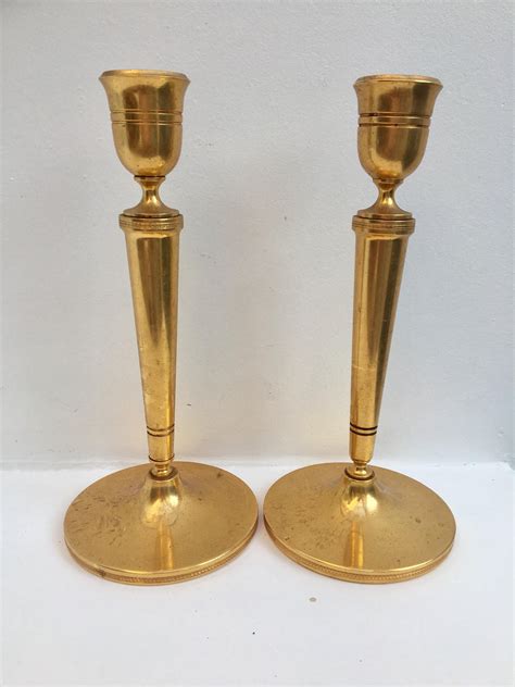 Golden Candlestick Pair Of Heavy Cast Golden Art Deco Candle Etsy Uk