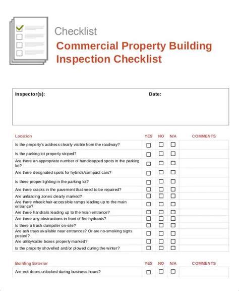 Printable Commercial Property Inspection Checklist Template Free