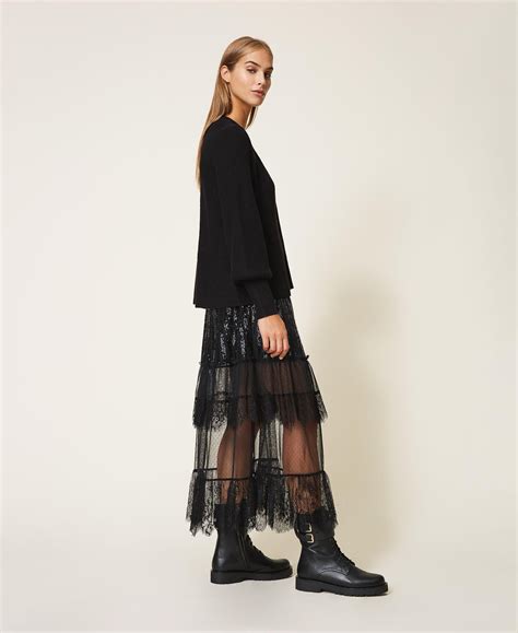 Long Tulle And Lace Skirt With Sequins Woman Black Twinset Milano