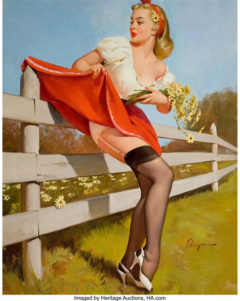 Gil Elvgren American 1914 1980 On The Fence 1959 Oil On Lot