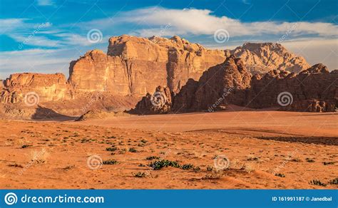 Desert Rocks And Mountains At Sunrise Wadi Rum Desert Jordan Middle
