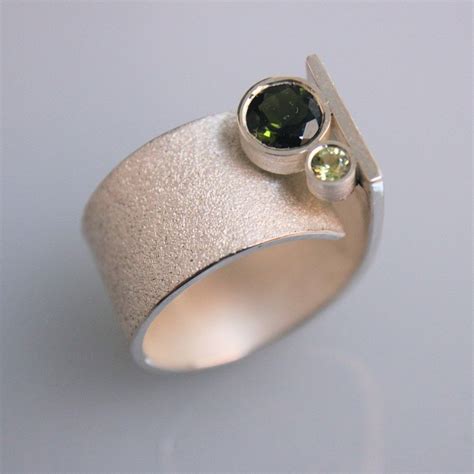Contemporary Handmade Silver Ring Q With Turmalin And Periodot Gem