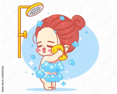 cute girl taking shower in bathroom cartoon art illustration stock vector adobe stock